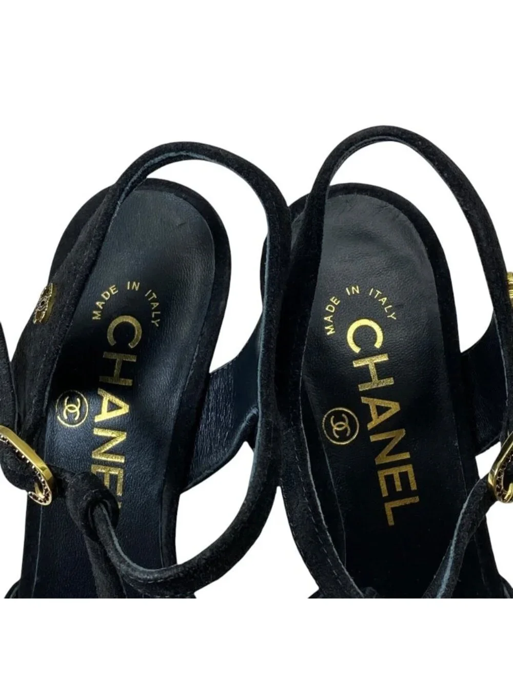 Chanel T Strap Pumps CC Logo Suede Leather Black Gold High Quality Daily